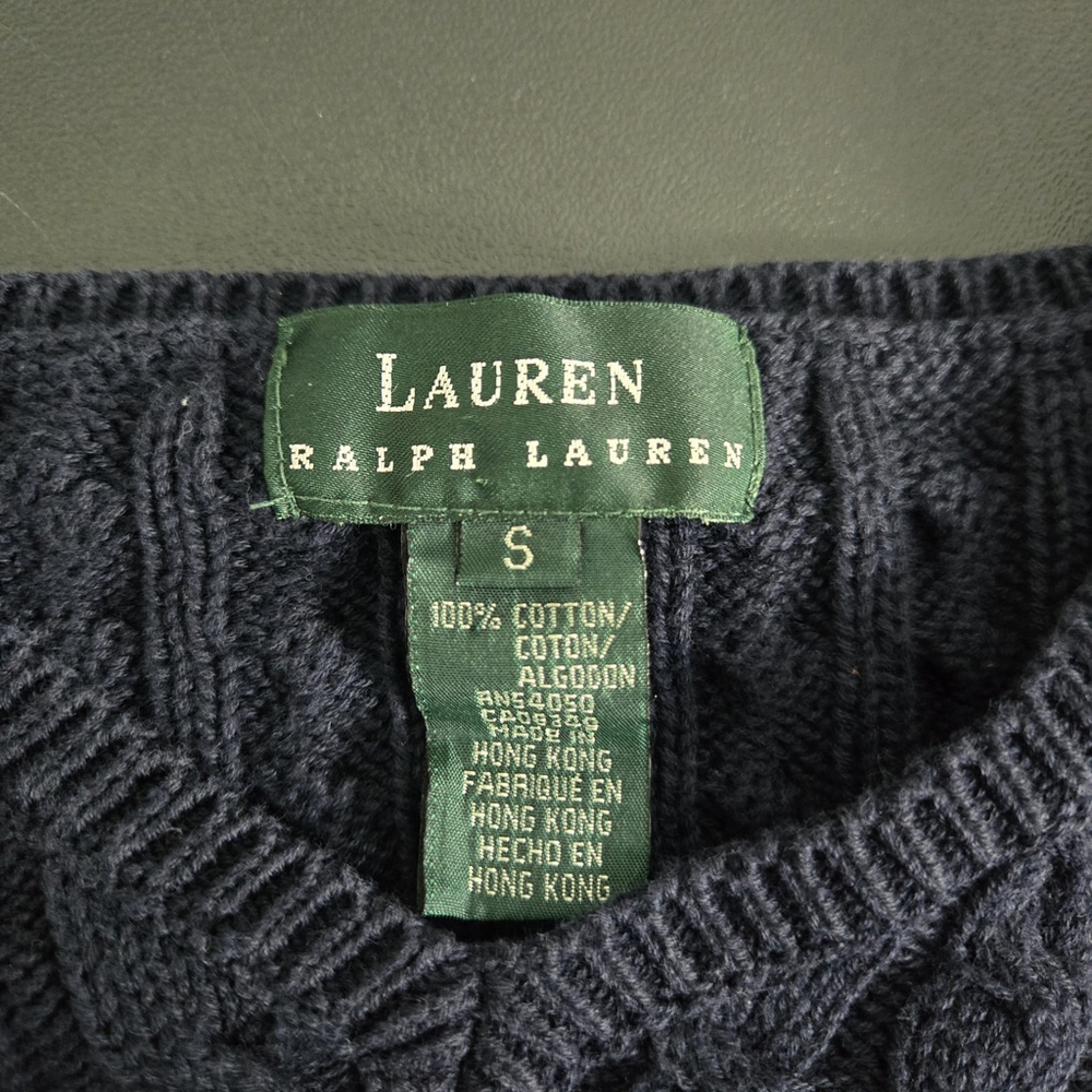 VTG Lauren Ralph Lauren Womens 90s Cable Knit Old Money Sweater Small Navy Crest - Picture 4 of 6